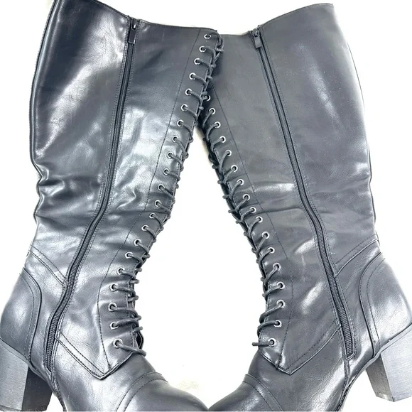 Torrid Wide Calf Women Size 9.5 Black Faux Leather Boot Knee High Lace up Zip - Picture 8 of 11
